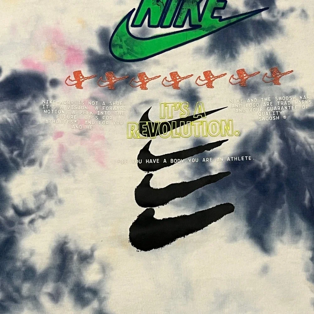 Nike Mens XL Tie Dye Graphic T-Shirt Blue Pink Yellow Just Do It Cartoon Swoosh